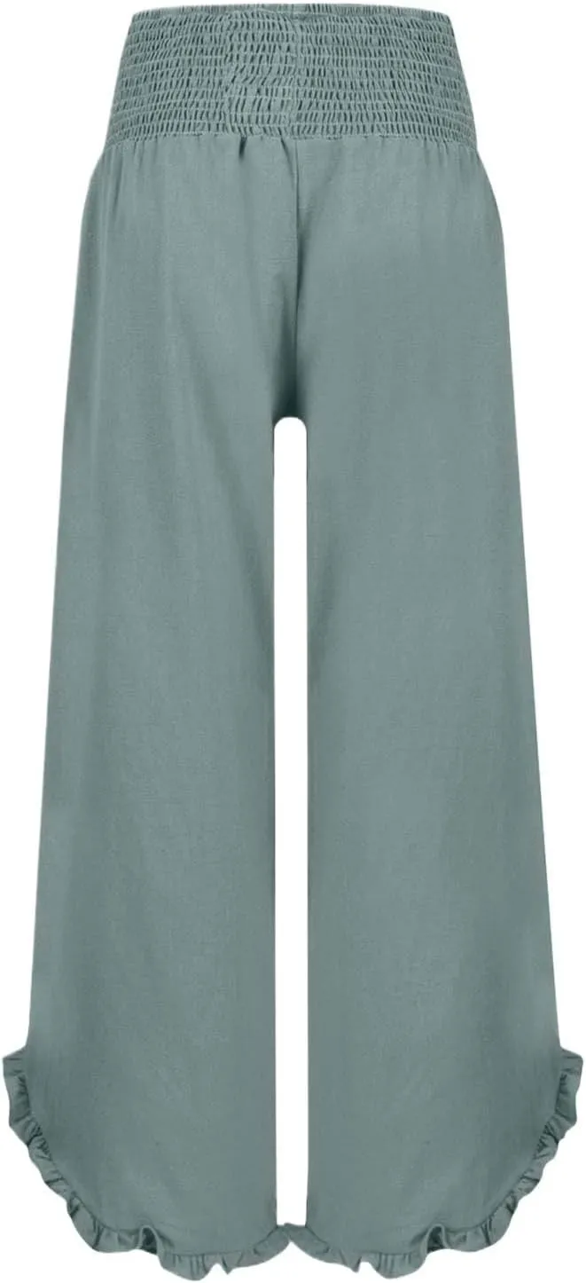 Flowy Palazzo Pants for Women Summer Casual Elastic High Waisted Linen Pants Lightweight Ruffle Hem Beach Pant