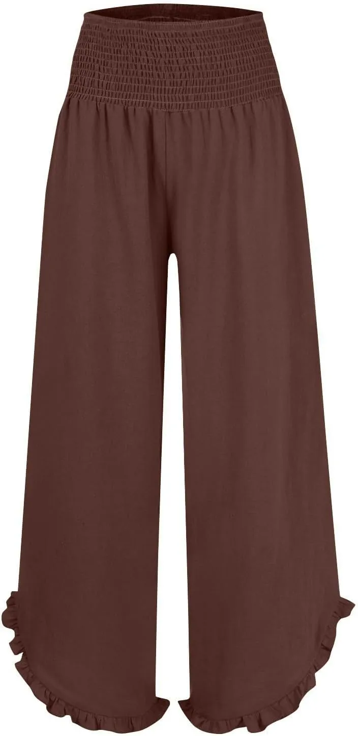 Flowy Palazzo Pants for Women Summer Casual Elastic High Waisted Linen Pants Lightweight Ruffle Hem Beach Pant