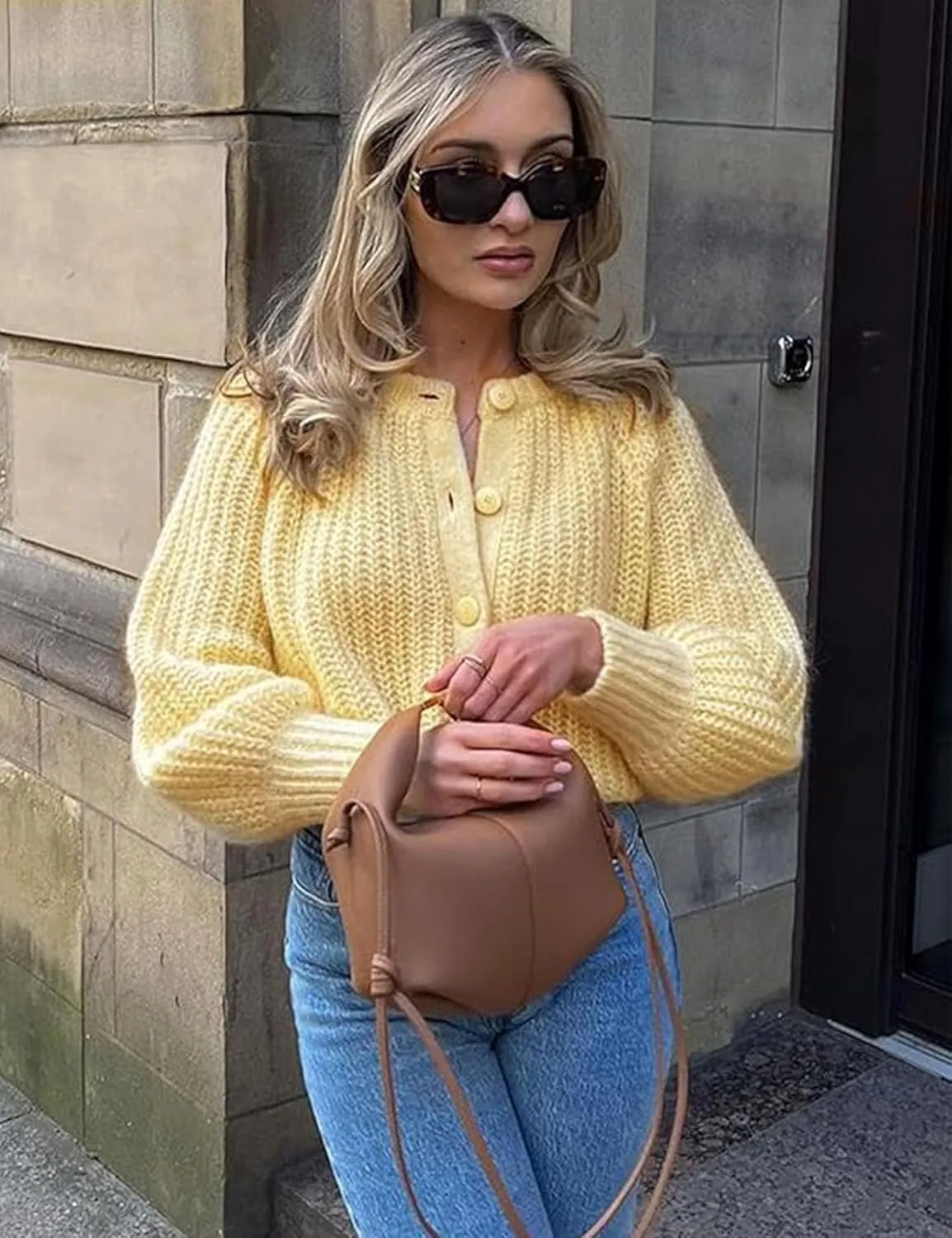 Flygo Women's Cardigan Sweater 2024 Fall Winter Chunky Long Sleeve Button Open Front Knit Solid Loose Cardigans Sweaters