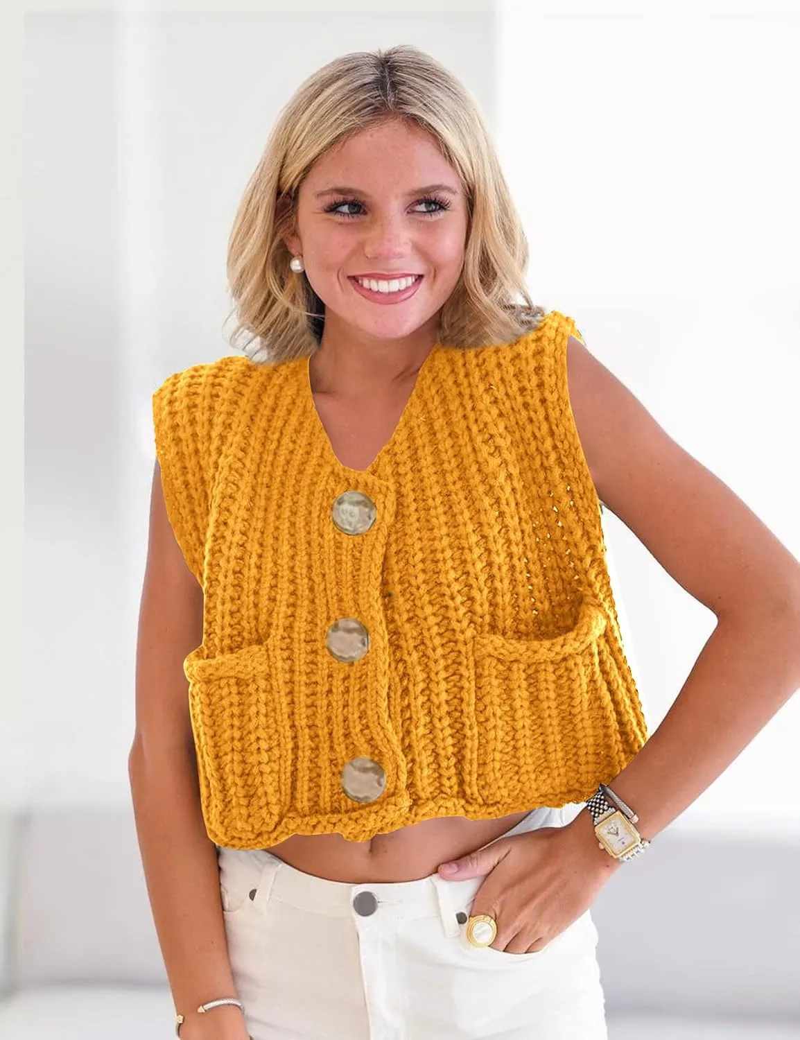 Flygo Womens Sleeveless Sweater Vest 2025 Spring Summer Crop Knit Top Chunky Crochet Button Cardigan Sweaters