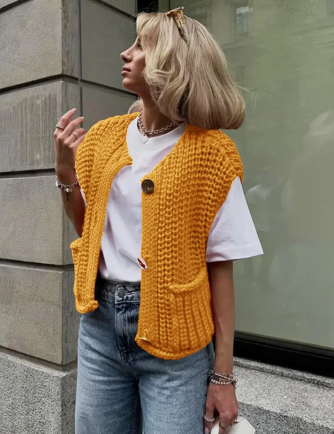 Flygo Womens Sleeveless Sweater Vest 2025 Spring Summer Crop Knit Top Chunky Crochet Button Cardigan Sweaters