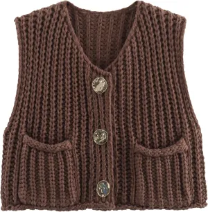 Flygo Womens Sleeveless Sweater Vest 2025 Spring Summer Crop Knit Top Chunky Crochet Button Cardigan Sweaters