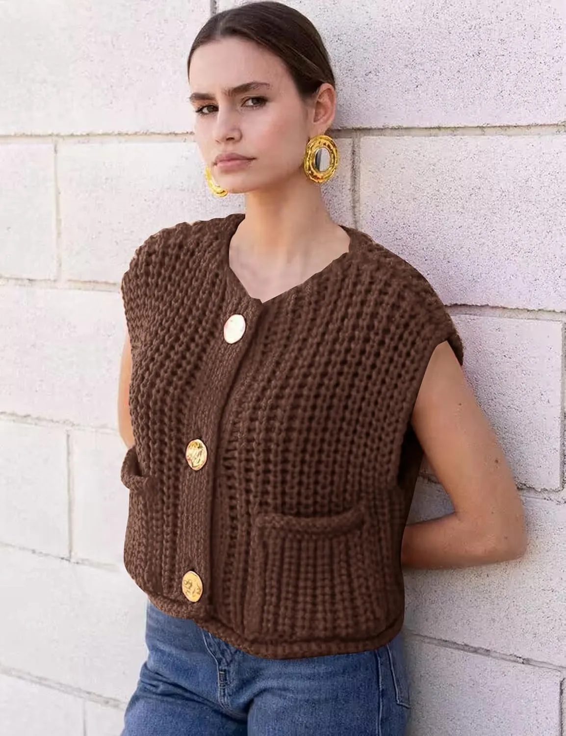 Flygo Womens Sleeveless Sweater Vest 2025 Spring Summer Crop Knit Top Chunky Crochet Button Cardigan Sweaters