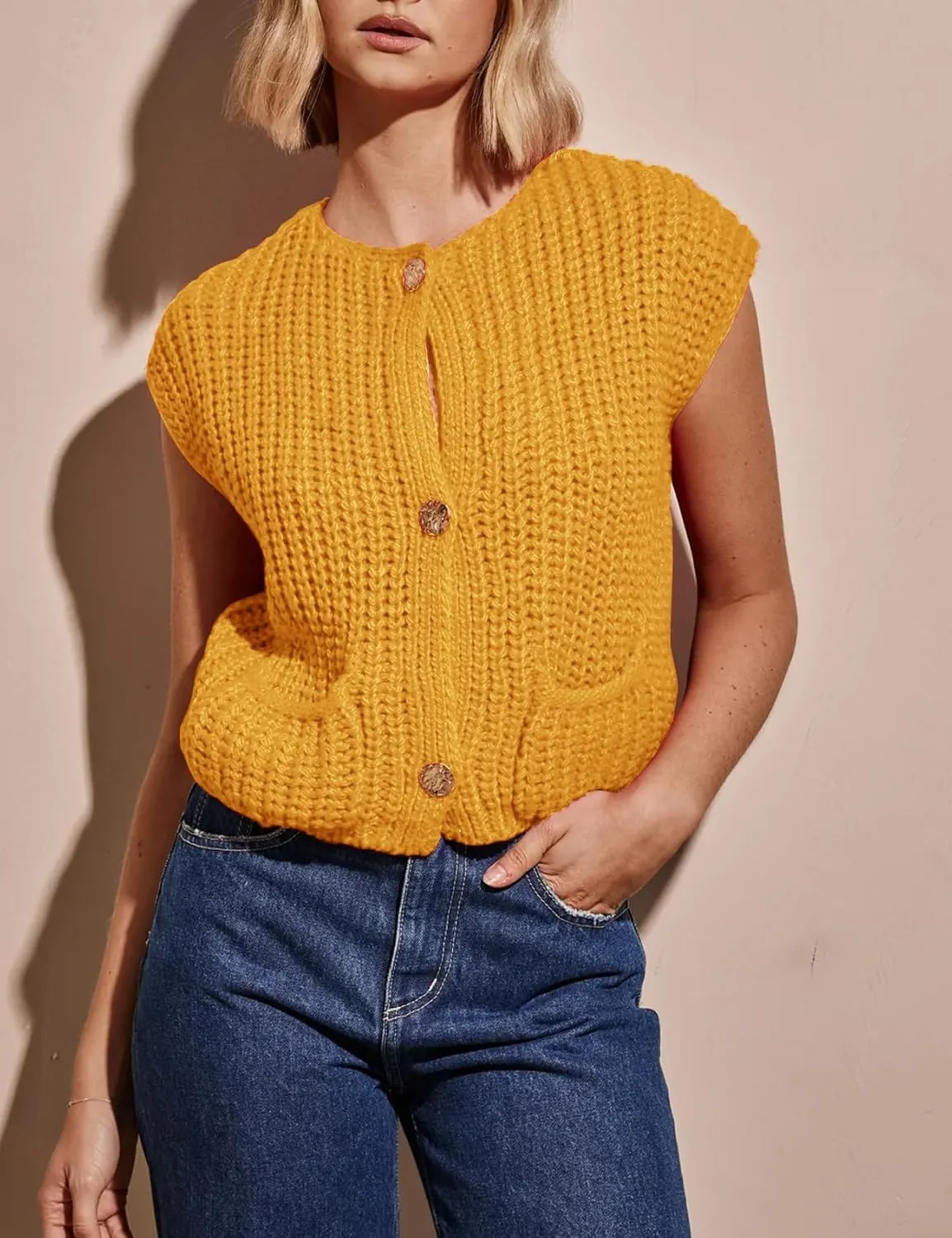 Flygo Womens Sleeveless Sweater Vest 2025 Spring Summer Crop Knit Top Chunky Crochet Button Cardigan Sweaters