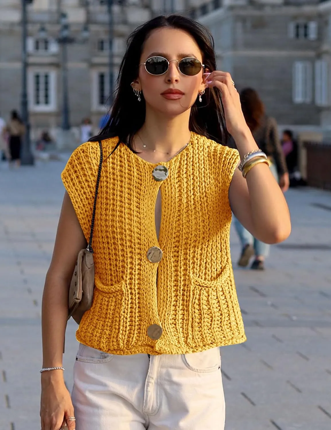 Flygo Womens Sleeveless Sweater Vest 2025 Spring Summer Crop Knit Top Chunky Crochet Button Cardigan Sweaters