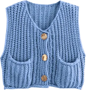 Flygo Womens Sleeveless Sweater Vest 2025 Spring Summer Crop Knit Top Chunky Crochet Button Cardigan Sweaters