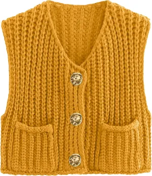 Flygo Womens Sleeveless Sweater Vest 2025 Spring Summer Crop Knit Top Chunky Crochet Button Cardigan Sweaters