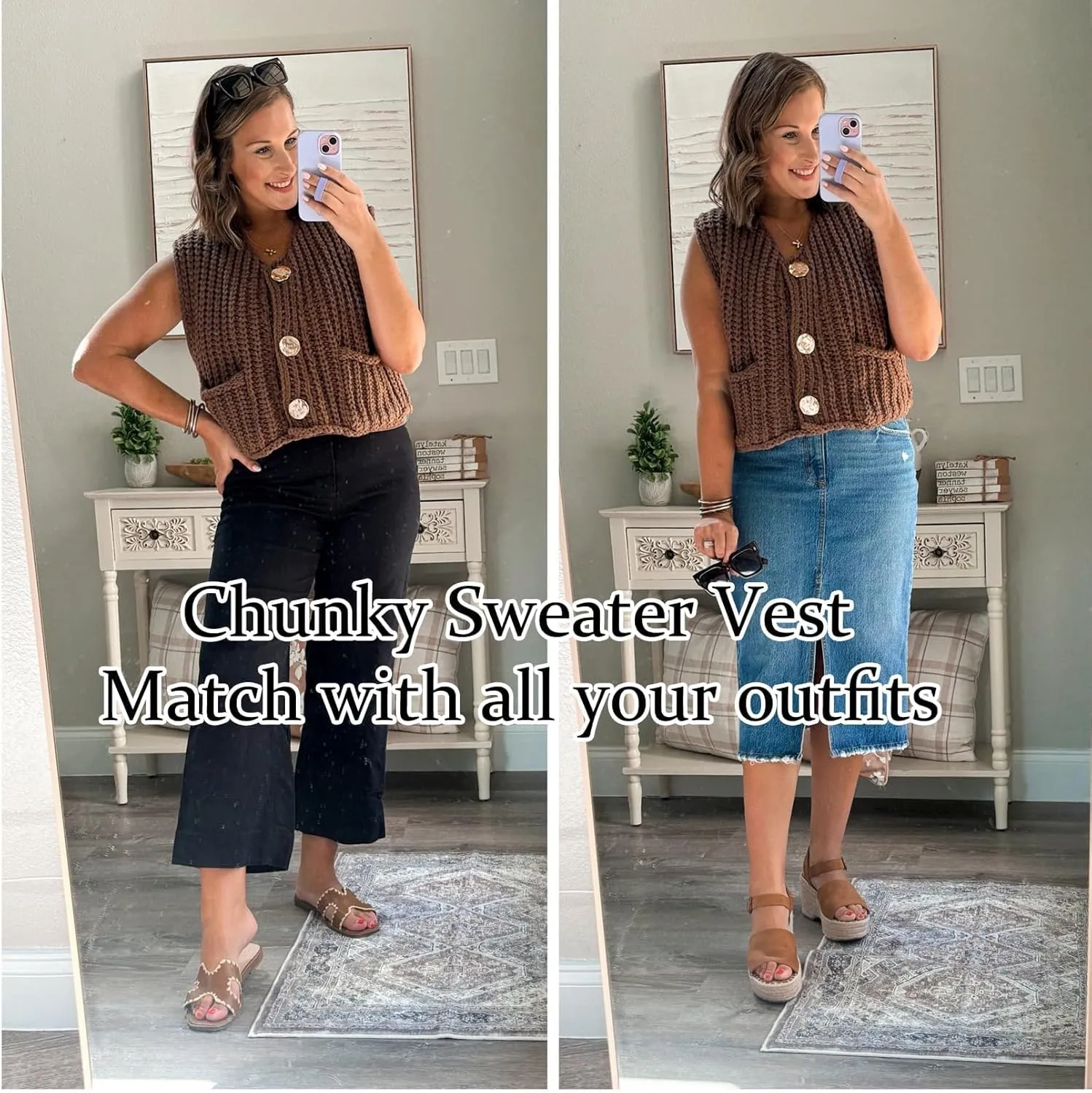 Flygo Womens Sleeveless Sweater Vest 2025 Spring Summer Crop Knit Top Chunky Crochet Button Cardigan Sweaters