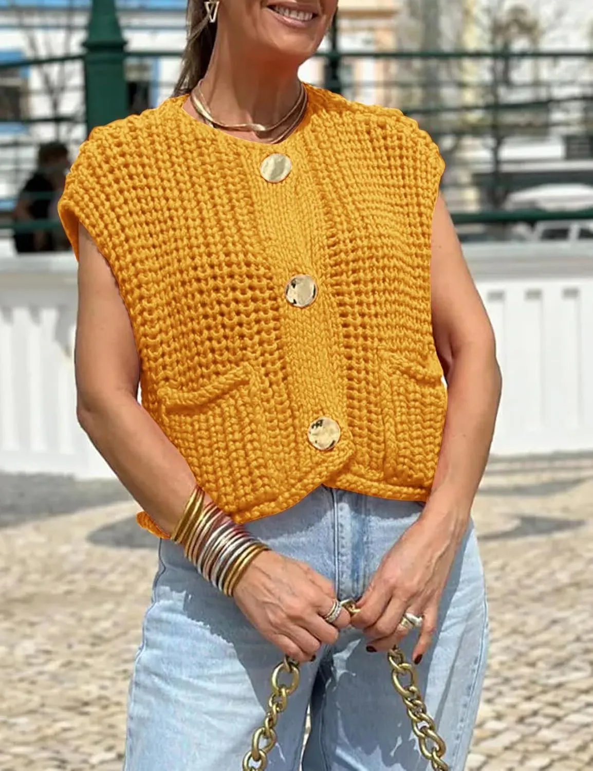 Flygo Womens Sleeveless Sweater Vest 2025 Spring Summer Crop Knit Top Chunky Crochet Button Cardigan Sweaters