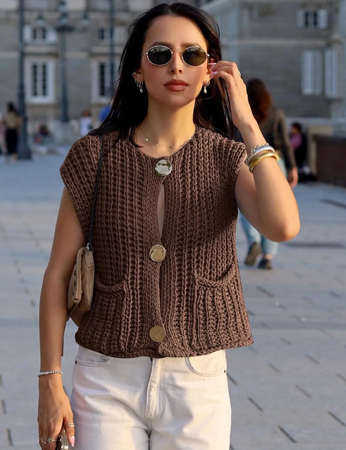 Flygo Womens Sleeveless Sweater Vest 2025 Spring Summer Crop Knit Top Chunky Crochet Button Cardigan Sweaters