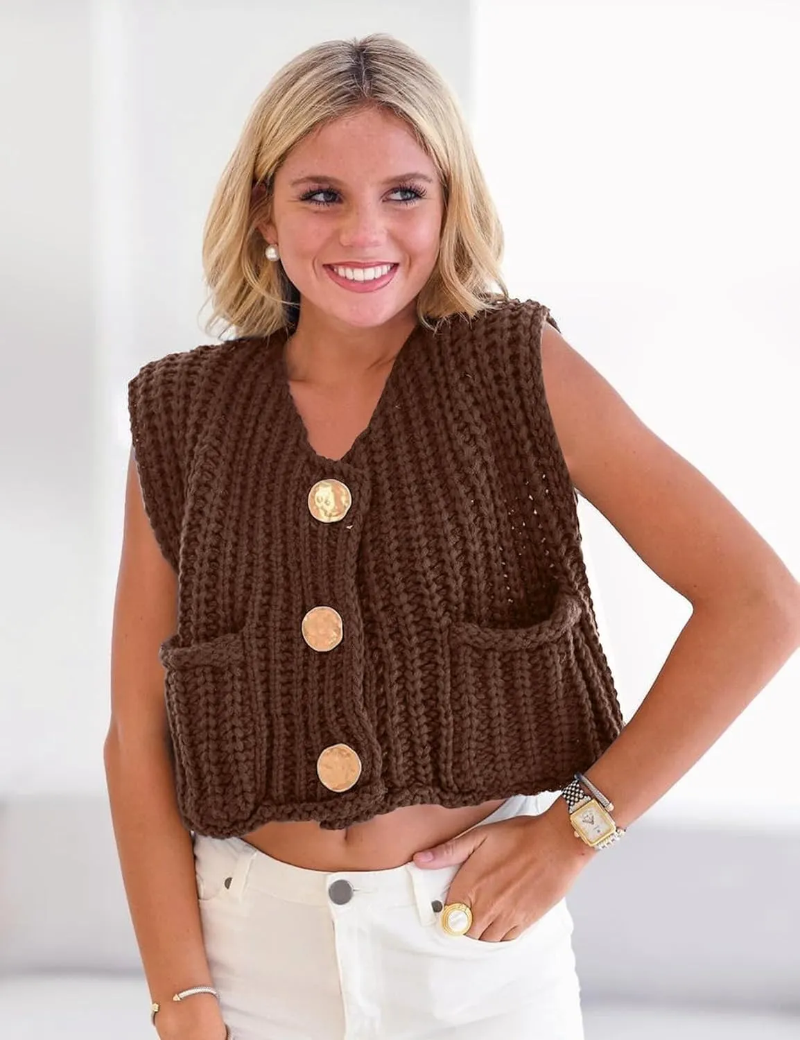 Flygo Womens Sleeveless Sweater Vest 2025 Spring Summer Crop Knit Top Chunky Crochet Button Cardigan Sweaters