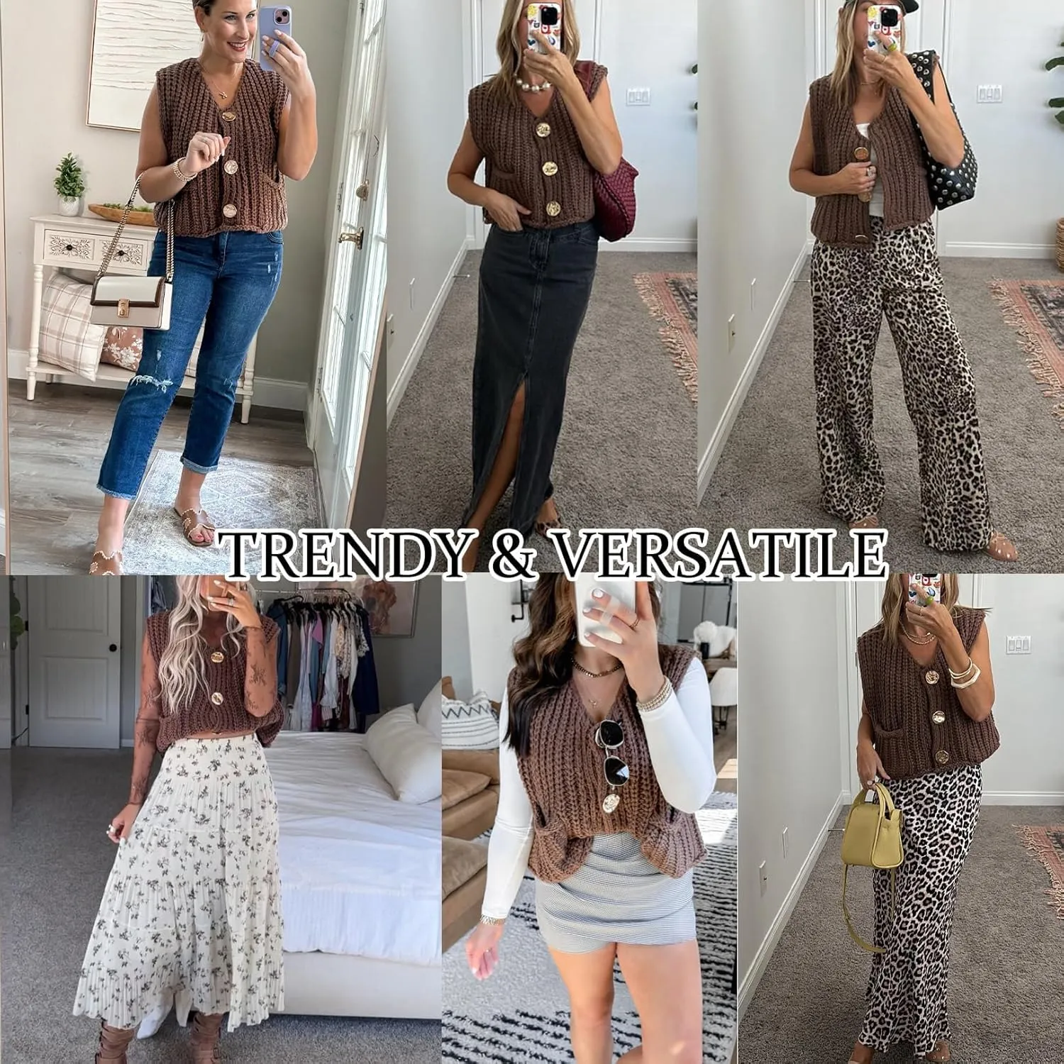 Flygo Womens Sleeveless Sweater Vest 2025 Spring Summer Crop Knit Top Chunky Crochet Button Cardigan Sweaters