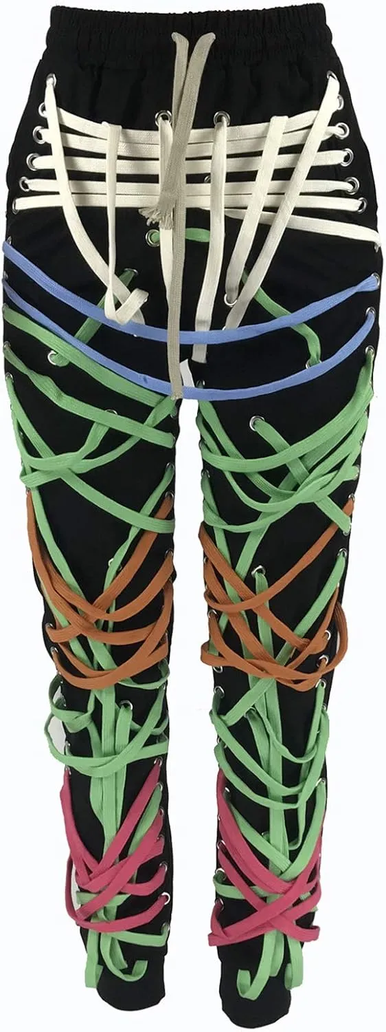FULA-bao Women Chic Strings Bandage Jogger Pants Lace Up High Waist Loose Casual Sweatpants Hip Hop Pants Trousers