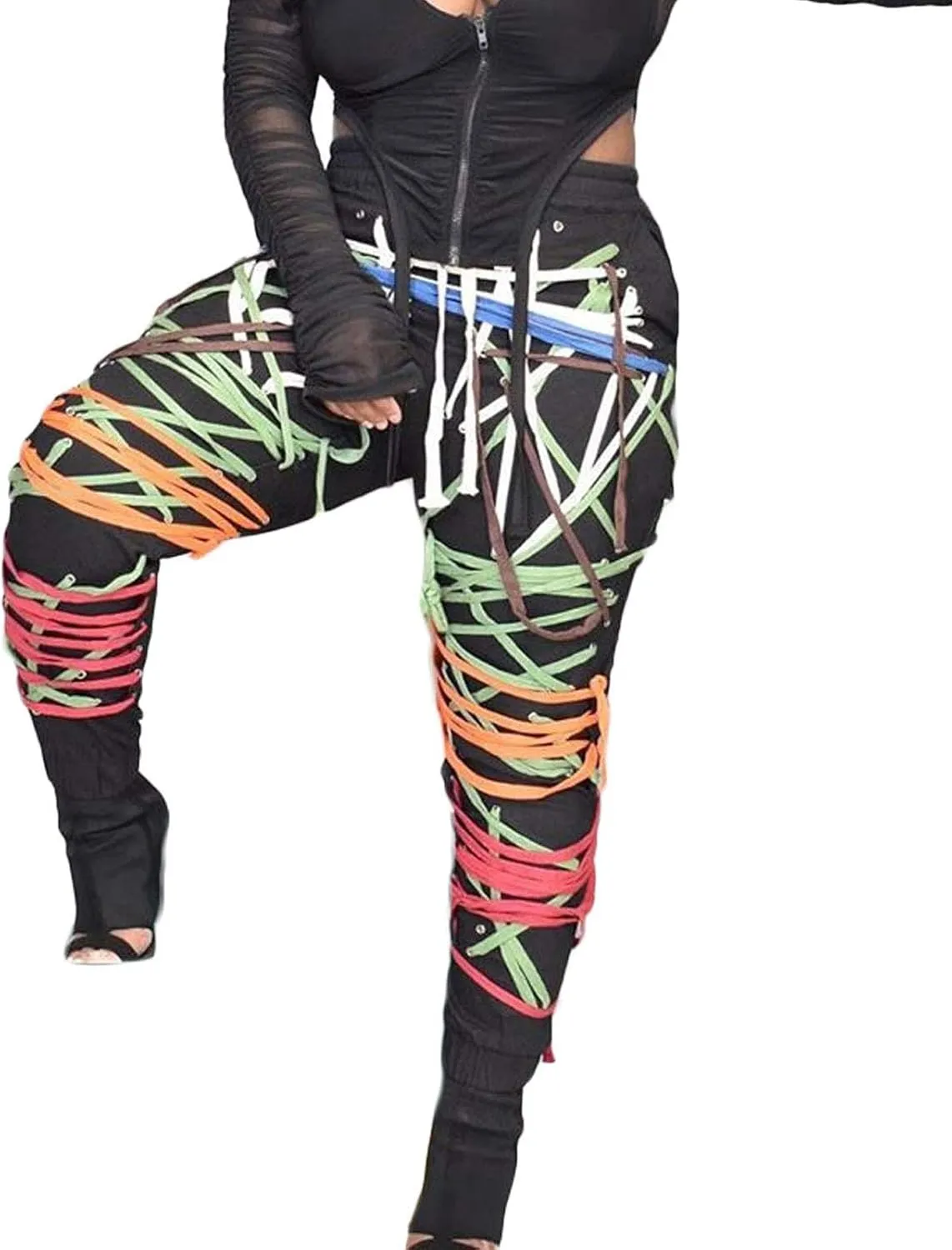 FULA-bao Women Chic Strings Bandage Jogger Pants Lace Up High Waist Loose Casual Sweatpants Hip Hop Pants Trousers
