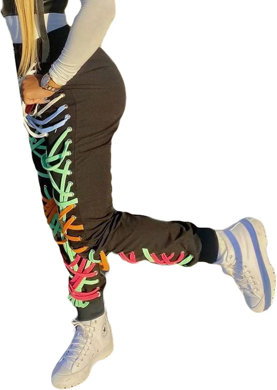 FULA-bao Women Chic Strings Bandage Jogger Pants Lace Up High Waist Loose Casual Sweatpants Hip Hop Pants Trousers