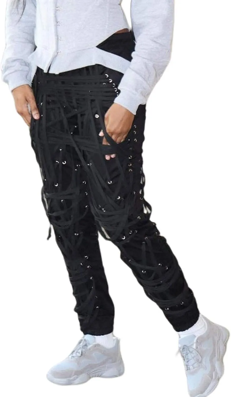 FULA-bao Women Chic Strings Bandage Jogger Pants Lace Up High Waist Loose Casual Sweatpants Hip Hop Pants Trousers