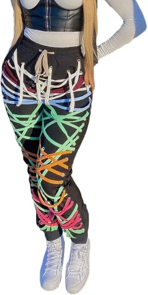 FULA-bao Women Chic Strings Bandage Jogger Pants Lace Up High Waist Loose Casual Sweatpants Hip Hop Pants Trousers