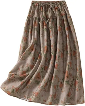 GGUHHU Womens Elegant Stretched High Waist A-Line Long Floral Skirts Pleated Swing Midiskirts