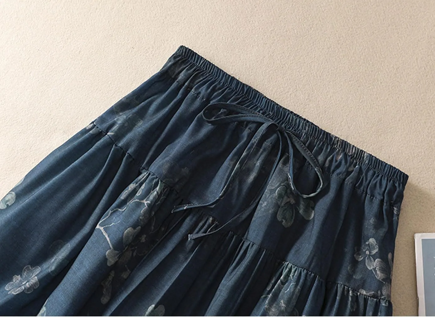 GGUHHU Womens Elegant Stretched High Waist A-Line Long Floral Skirts Pleated Swing Midiskirts