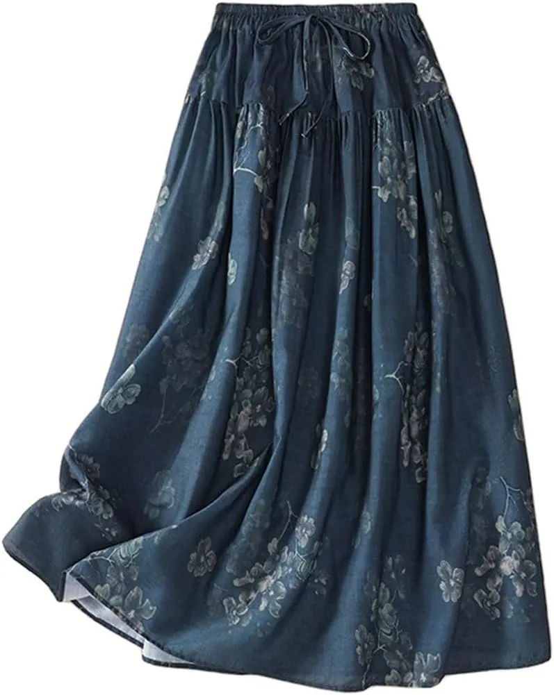 GGUHHU Womens Elegant Stretched High Waist A-Line Long Floral Skirts Pleated Swing Midiskirts