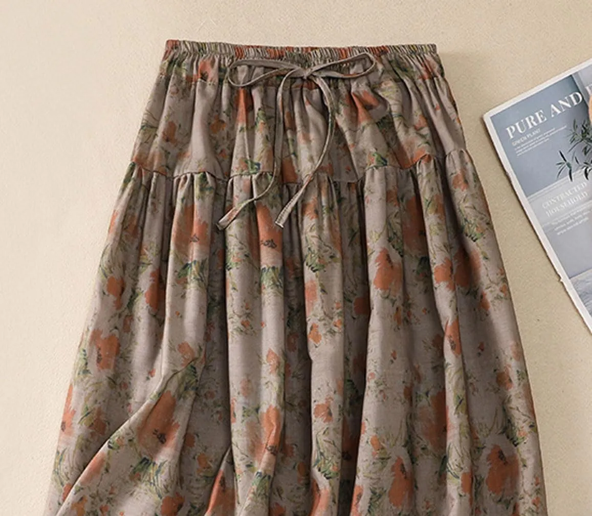 GGUHHU Womens Elegant Stretched High Waist A-Line Long Floral Skirts Pleated Swing Midiskirts