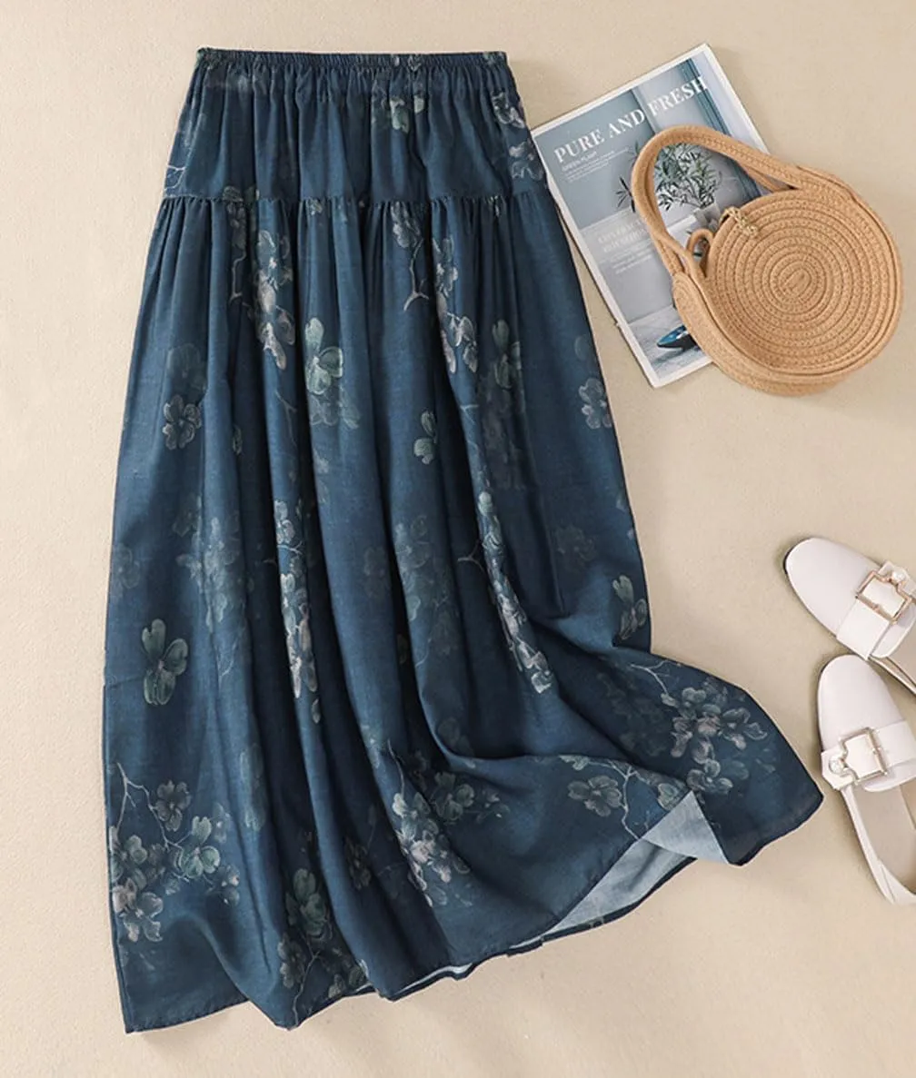 GGUHHU Womens Elegant Stretched High Waist A-Line Long Floral Skirts Pleated Swing Midiskirts