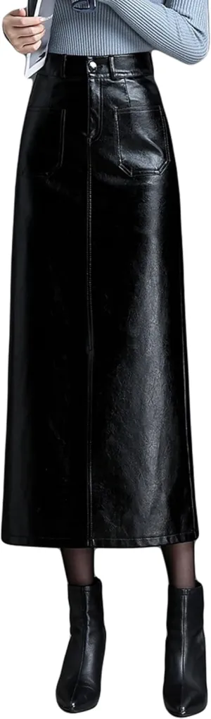 GGUHHU Womens Retro High Waist Faux Leather Long Skirt Package Hip Slim Fit Midiskirts