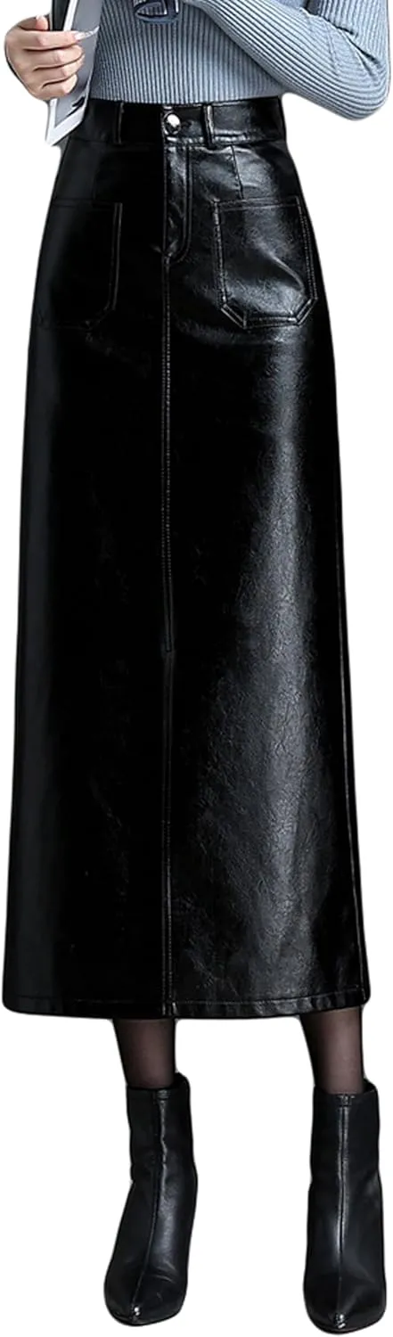 GGUHHU Womens Retro High Waist Faux Leather Long Skirt Package Hip Slim Fit Midiskirts