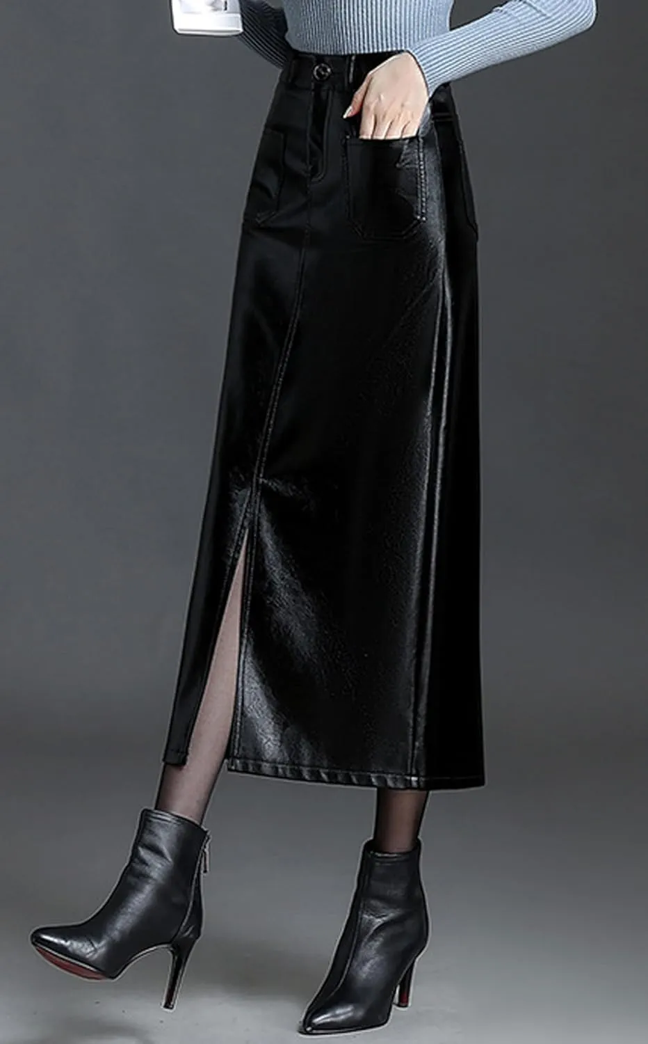 GGUHHU Womens Retro High Waist Faux Leather Long Skirt Package Hip Slim Fit Midiskirts