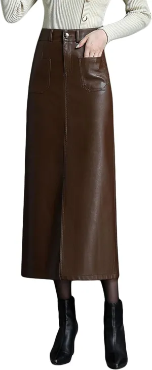 GGUHHU Womens Retro High Waist Faux Leather Long Skirt Package Hip Slim Fit Midiskirts