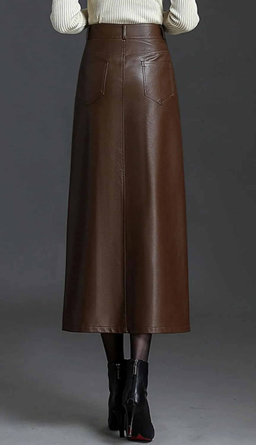 GGUHHU Womens Retro High Waist Faux Leather Long Skirt Package Hip Slim Fit Midiskirts