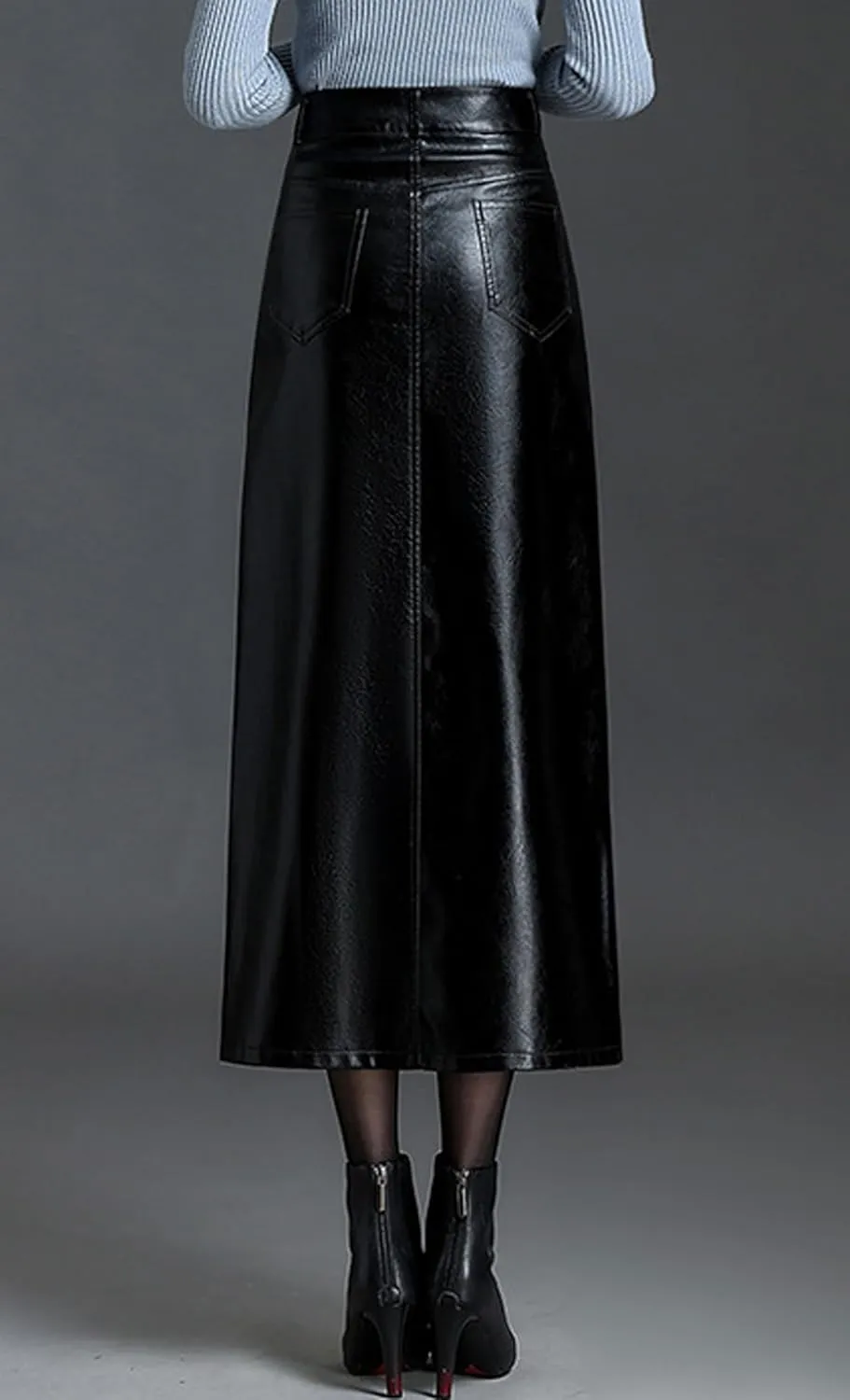 GGUHHU Womens Retro High Waist Faux Leather Long Skirt Package Hip Slim Fit Midiskirts