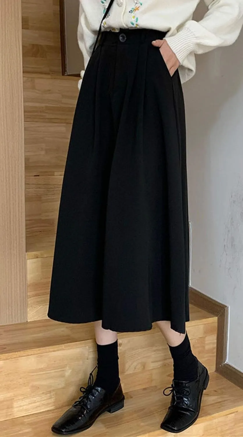 GGUHHU Womens Trendy High Waist Pleated Midiskirts A-Line Skirts with Pockets