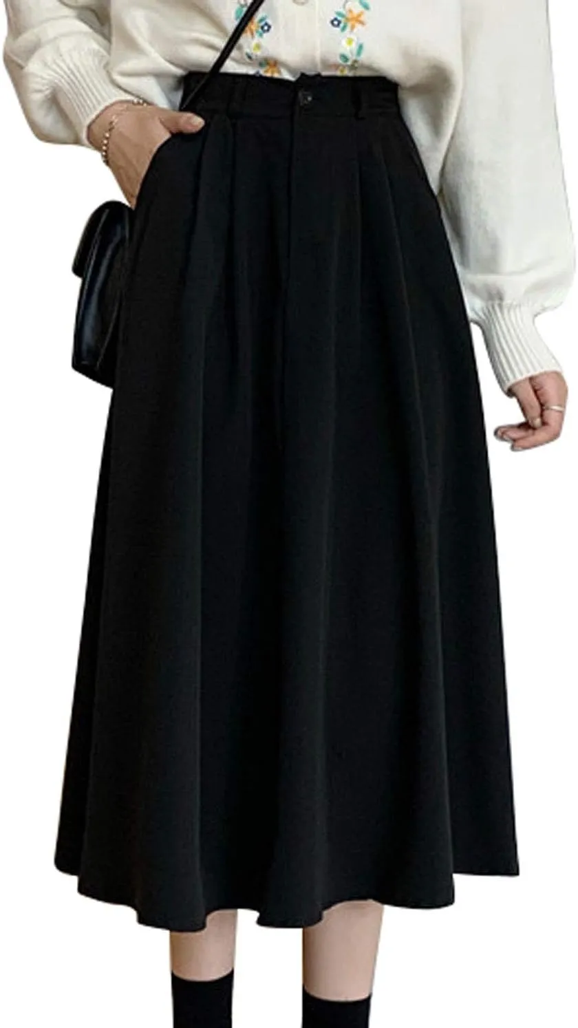 GGUHHU Womens Trendy High Waist Pleated Midiskirts A-Line Skirts with Pockets