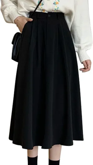 GGUHHU Womens Trendy High Waist Pleated Midiskirts A-Line Skirts with Pockets
