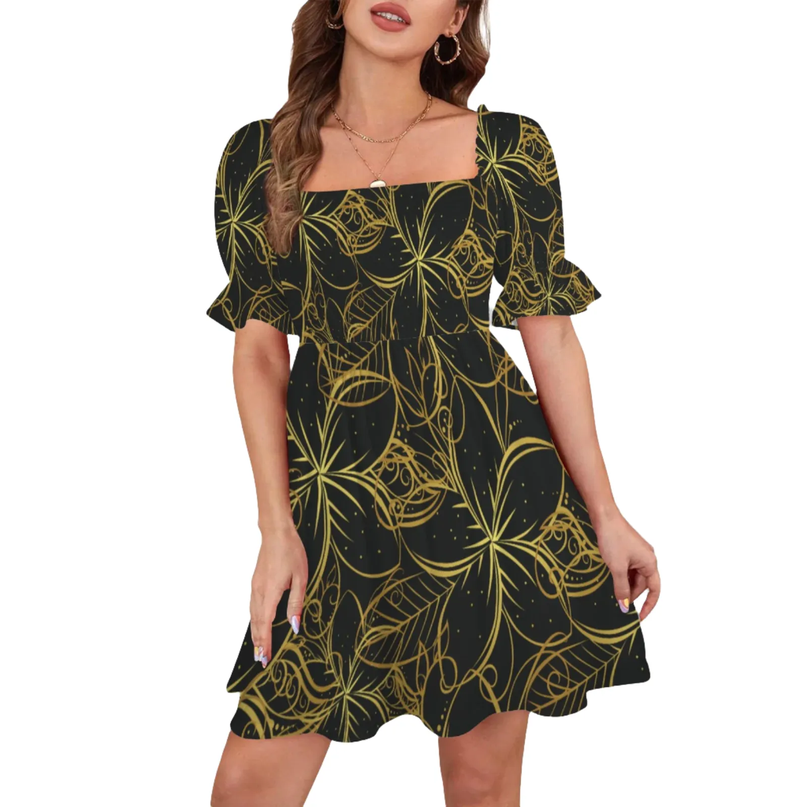Golden Frangipani Black Ruffles Square Neck Dress up to 5 XL (FWS)