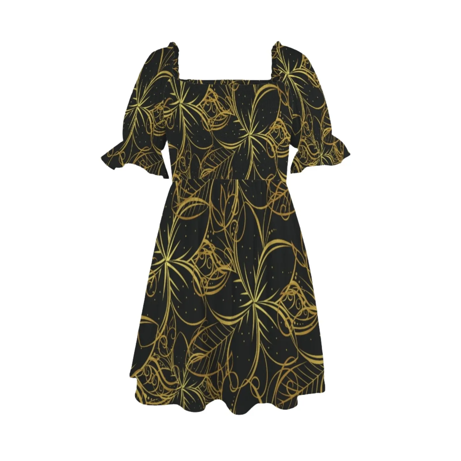 Golden Frangipani Black Ruffles Square Neck Dress up to 5 XL (FWS)