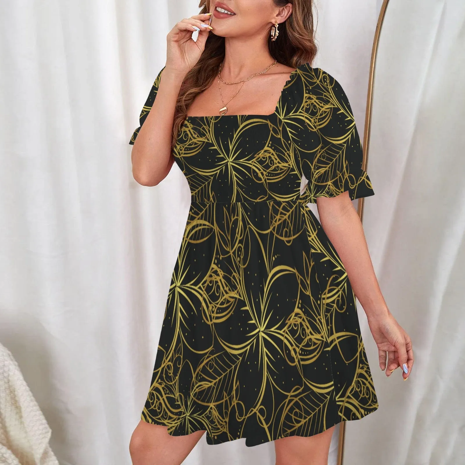 Golden Frangipani Black Ruffles Square Neck Dress up to 5 XL (FWS)