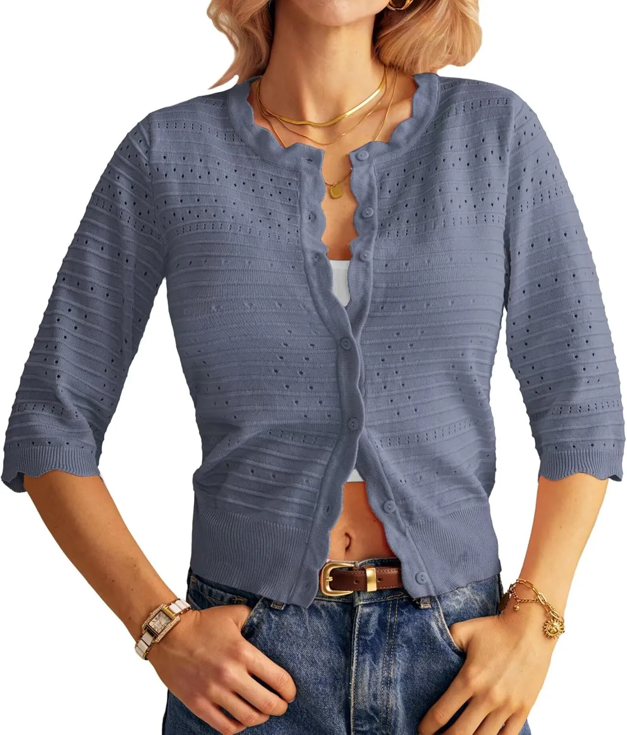 GRACE KARIN Women's 3/4 Short Sleeve Cropped Cardigan Lightweight Button up Crochet Knit Sweater Shrug for Summer Spring