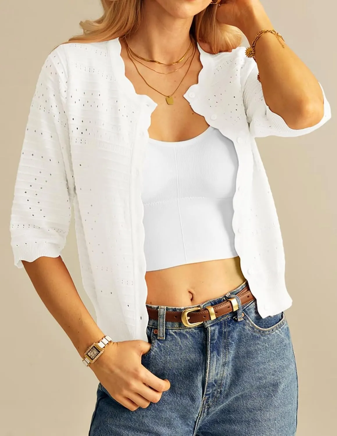 GRACE KARIN Women's 3/4 Short Sleeve Cropped Cardigan Lightweight Button up Crochet Knit Sweater Shrug for Summer Spring