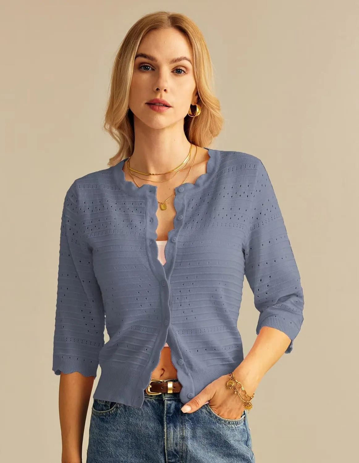 GRACE KARIN Women's 3/4 Short Sleeve Cropped Cardigan Lightweight Button up Crochet Knit Sweater Shrug for Summer Spring
