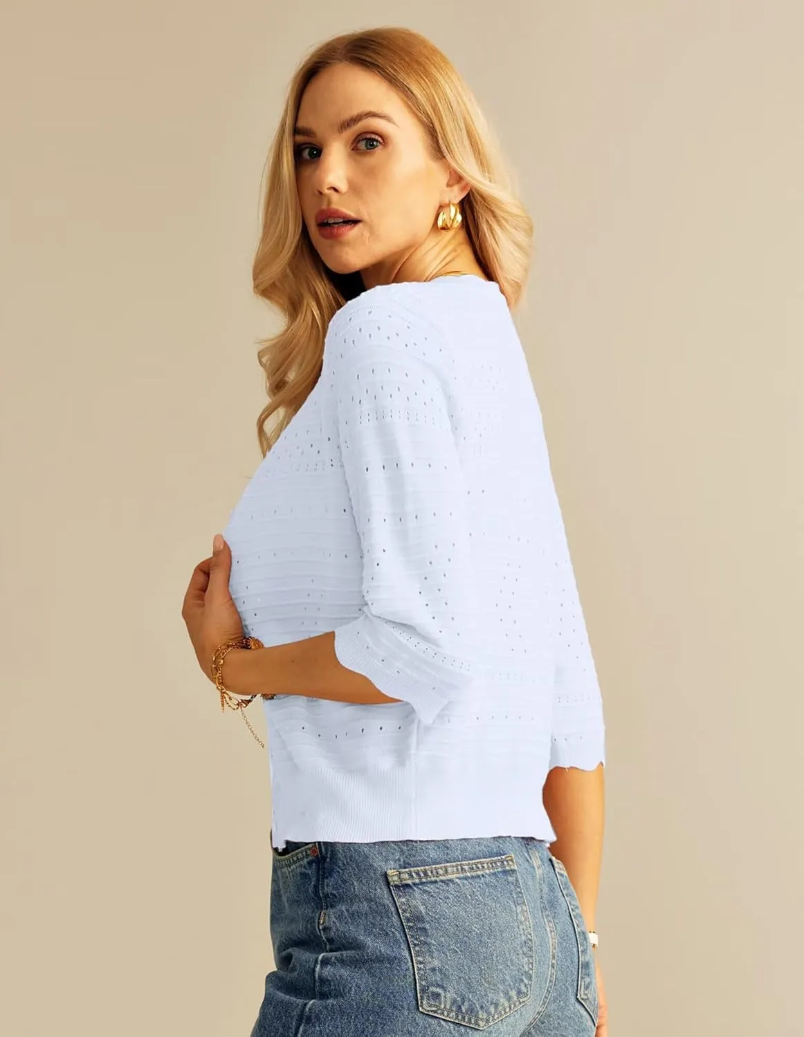 GRACE KARIN Women's 3/4 Short Sleeve Cropped Cardigan Lightweight Button up Crochet Knit Sweater Shrug for Summer Spring