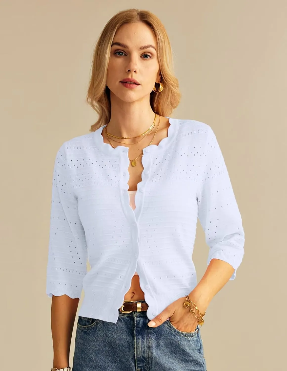 GRACE KARIN Women's 3/4 Short Sleeve Cropped Cardigan Lightweight Button up Crochet Knit Sweater Shrug for Summer Spring