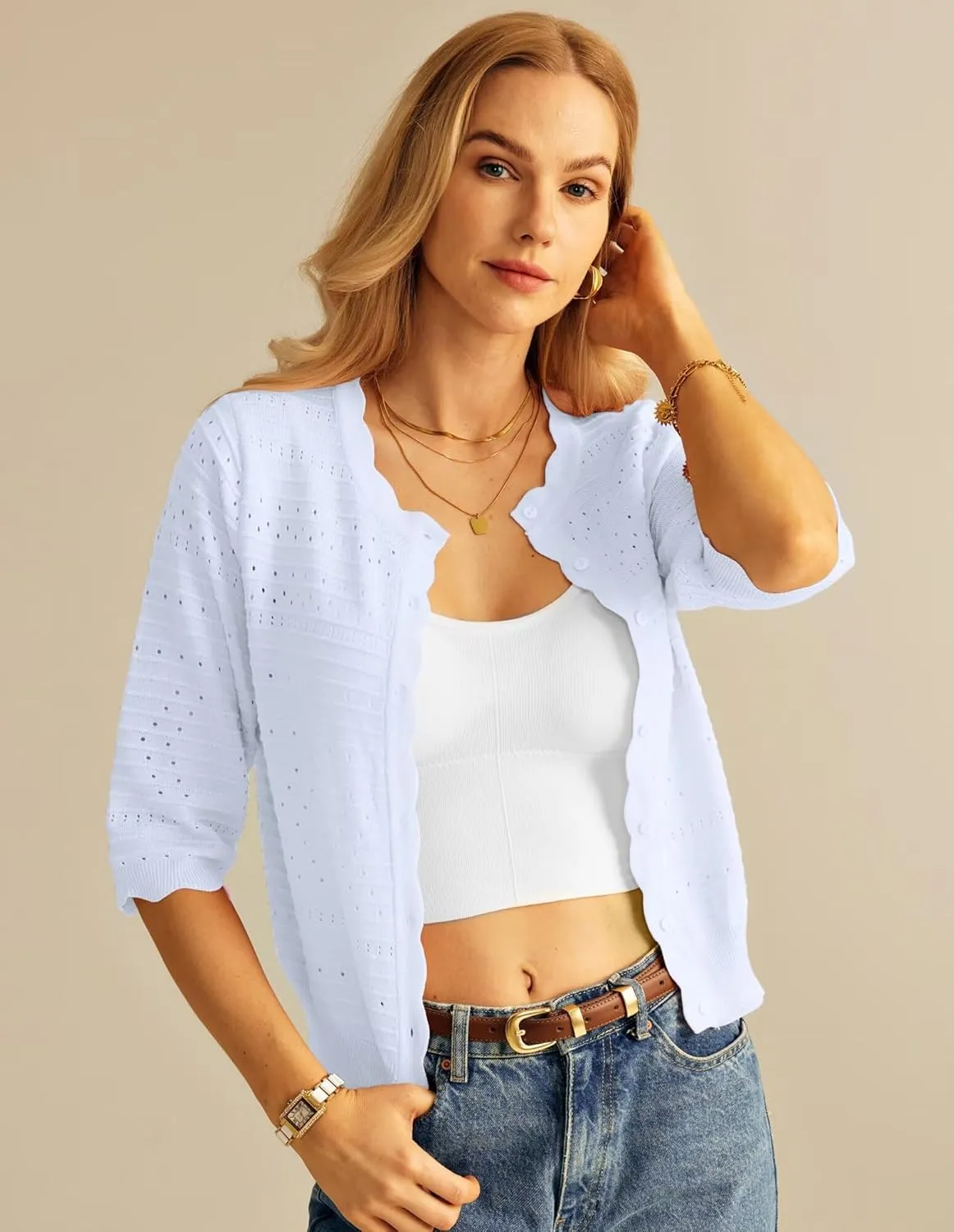 GRACE KARIN Women's 3/4 Short Sleeve Cropped Cardigan Lightweight Button up Crochet Knit Sweater Shrug for Summer Spring