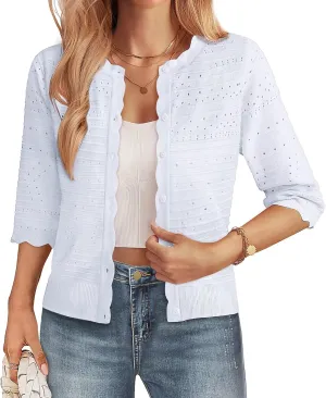 GRACE KARIN Women's 3/4 Short Sleeve Cropped Cardigan Lightweight Button up Crochet Knit Sweater Shrug for Summer Spring