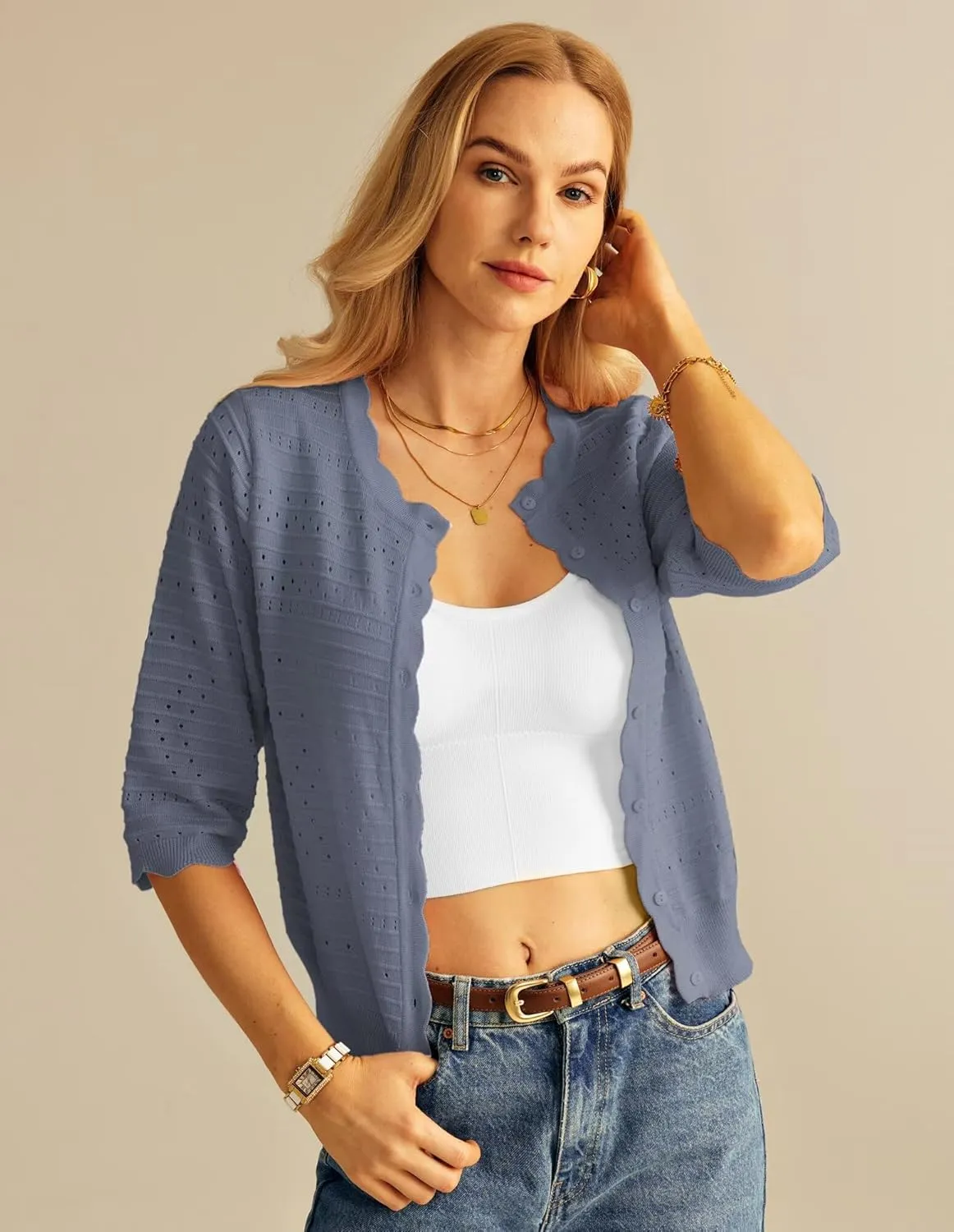 GRACE KARIN Women's 3/4 Short Sleeve Cropped Cardigan Lightweight Button up Crochet Knit Sweater Shrug for Summer Spring