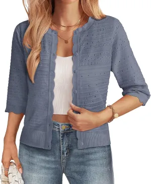 GRACE KARIN Women's 3/4 Short Sleeve Cropped Cardigan Lightweight Button up Crochet Knit Sweater Shrug for Summer Spring
