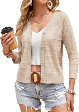 GRACE KARIN Women's Cropped Cardigan 3/4 Sleeve Button Down Bolero Shrug Knit Sweater Tops Open Front Lightweight
