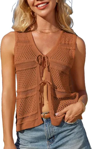 GRACE KARIN Womens Tie Front Sweater Vest Summer Sleeveless Crop Crochet Knit Tops Lightweight Cardigan Sweaters Tops