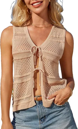 GRACE KARIN Womens Tie Front Sweater Vest Summer Sleeveless Crop Crochet Knit Tops Lightweight Cardigan Sweaters Tops